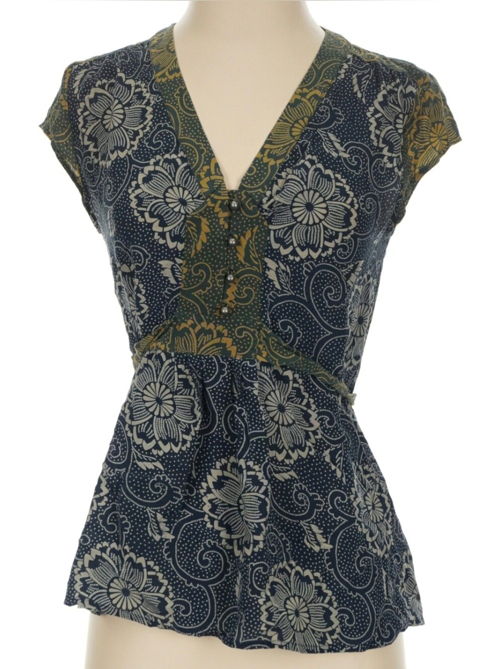 Vintage Style Cap Sleeve Floral 100% Silk Blouse